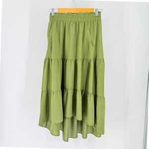 Sage Green Tiered Midi Skirt Elastic Paperbag Waist Fairy Forest Dark Y2k